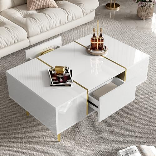 KecDuey Table basse brillante 100 x 60 x 41,5 cm, meuble TV, meuble TV bas avec 2 tiroirs Blanc