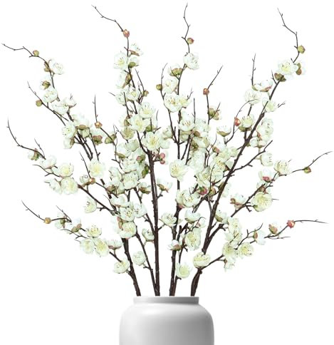 Betylifoy 4 Stück Künstliche Pflaumenblüte Kunstblume Zweige 97cm Lang Künstliche Blumen Pflaumenblütenzweige Kunstpflanze für Zuhause Tisch Hochzeits Büro Dekoration (Weiß)