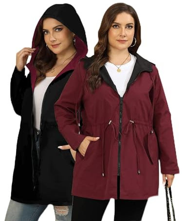 Toplop Veste de pluie pour femme - Grandes tailles - Réversible - Coupe-vent - Imperméable - Avec capuche - Pour le sport et l'extérieur, rouge bordeaux, 52 grande taille