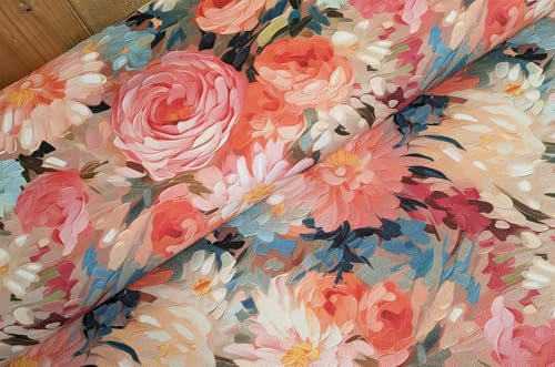 Halbpanama Stoff Meterware Sommer - robuster Taschenstoff bedruckt - schwerer Baumwollstoff Blumen - stabiler Dekostoff Pflanzen - BW Panama *Ab 50cm, Farbe: 028 Rosen acryl