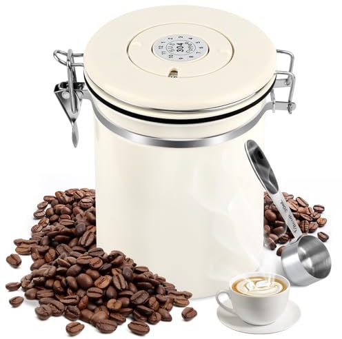 Boîte à Café Hermétique en acier Inoxydable,Boîte hermétique en grains avec couvercle sous vide,Conteneurs de stockage pour le café,Récipient avec Cadran de Date et Cuillère Doseuse pour café,1.8L