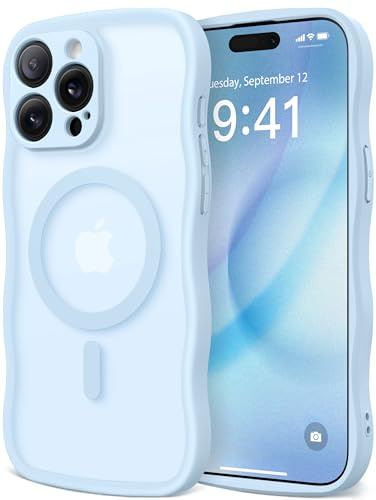 CAPRARO Cute for iPhone 15 Pro Case, Compatible with MagSafe, [Curly Wave Edge] [Full Camera Protection] [14 FT Drop Protection] Magnetic Phone Case for 15 Pro 6.1 Inch, Light Blue