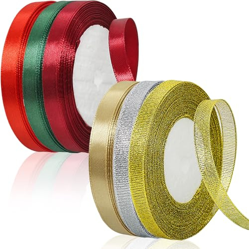 MOMAHUA 6 Rollen Weihnachten Satinband Geschenkband, Rot Dunkelgrün Burgunderrot Champagnergold Stoffband, Gold Silber Organza Chiffonband Seidenband Basteln Geschenkverpackung, Satin Band Dekoband