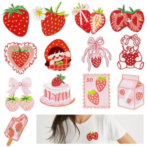 FAURAPMNG 13Stück Erdbeer-Aufnäher zum Aufbügeln, bestickter Aufnäher, süße Erdbeer-Frucht-Applikation, rosa Schleife, Kuchen-Aufnäher für Kleidung, T-Shirts, Taschen, Jacken, Jeans, Hüte, DIY-Zubehör