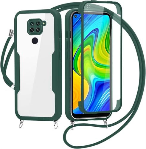 FERLAN Handykette für Redmi Note 9/Redmi 10X 4G Hülle mit Band,Transparent 360 Grad Rundumschutz Schutzhülle mit Integriertem Displayschutz Stoßfest Ultradünn Silikon Handyhülle für Redmi Note 9,Grün