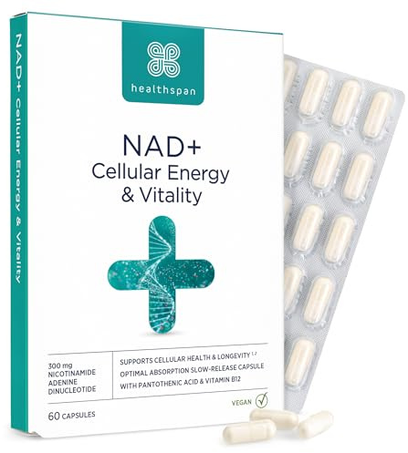 Healthspan NAD+ 300mg (60 Capsules) | for Cellular Health & Longevity | 300mg Pure NAD+ | Delayed Release Capsules for Optimal Absorption | Added Vitamins B5 & B12 | Vegan
