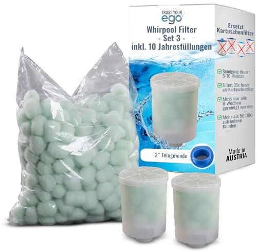 EGO3 Whirlpool Filter Set 3 2 Zoll Feingewinde + 10 Jahresfüllungen – ersetzt Kartuschenfilter & Whirlpool Filterkartuschen – 300gr Filterbälle – Filter Made in EU (2 Behälter + 300g Filterbälle)