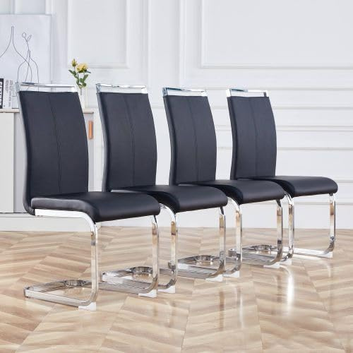 muenfly Freischwinger Esszimmerstuhl Küchenstuhl Sitzmöbel – 4er Set, Kunstlederbezug & verchromter Metallrahmen, Schwarz (120kg Belastbarkeit)