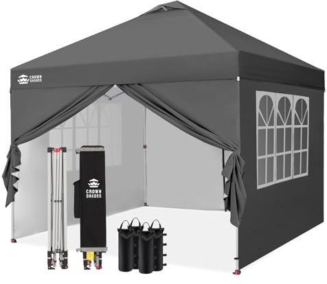 CROWN SHADES Tonnelle Pliante 3x3 Imperméable, Barnum Pliant Exterieur avec Sac de Rangement, UPF 50+, avec 4 Parois Latérales Amovible, 4 Sac de Sable, Carreaux Gris