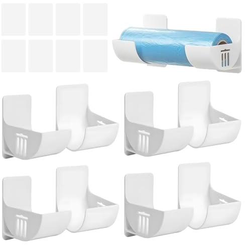 4 Pairs Bin Bag Holder, Self Adhesive Wall Mounted Trash Bag Dispenser | Cupboard Door Kitchen Organiser for Cling Film, Foil, Plastic Bags, Garbage Bag Storage Rack (White)
