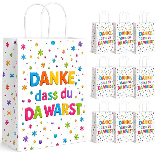 10 Stück Danke Geschenktüten Kindergeburtstag, Bunte Papiertüten Kindergeburtstag mit Henkel, 15x8x21cm Geburtstagstüten Mitgebsel Kinder, Gastgeschenke Kinder Geburtstag Tüten zum Befüllen
