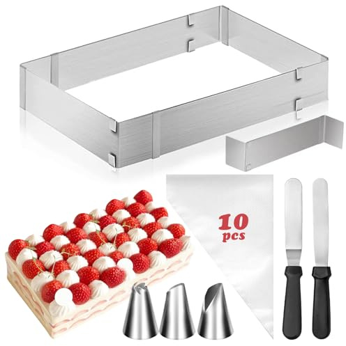 Backrahmen Rechteckig Verstellbar, Backrahmen Eckig Edelstahl | Tortenring Eckig mit Teiler, Spatel, Spritzbeutel, Tüllen aus Edelstahl, Backrahmen Rechteckig Spülmaschinenfest