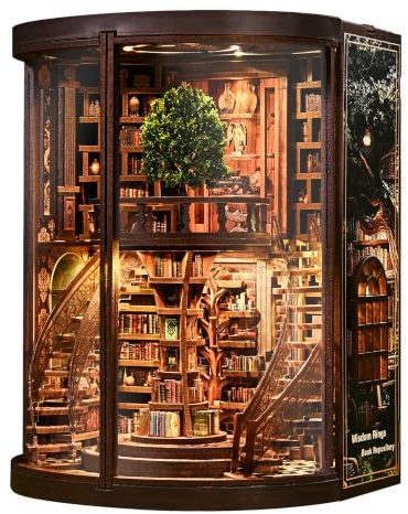 Book Nook, kit libreria, puzzle in legno 3D fai da te, con luce e | Libreria storica, 356 pezzi, illuminazione touch, protezione antipolvere in acrilico, circa 13,5 x 16,5 x 21 cm