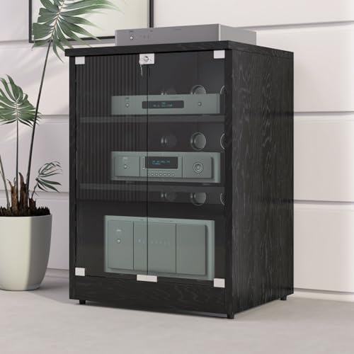 Meuble de rangement pour médias audio-vidéo avec trous d'aération et porte en verre trempé pour le salon, noir