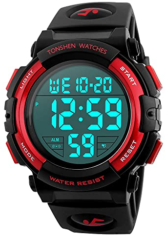TONSHEN Unisex LED Digital Outdoor Sport Uhr Wasserdicht Armbanduhr Elektronische Militär Tactical Uhren 12H/24H Zeit Kalender Alarm Stoppuhr EL Licht Plastik mit Silikon Große Anzahl (Herren Rot)