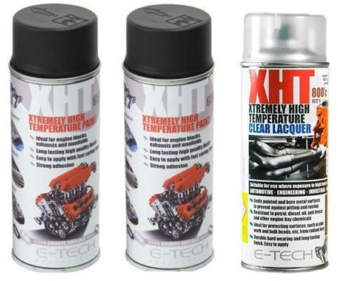 E-Tech 400ml XHT VHT Very High Temperature Paint 2 x BLACK 1 XHT Clear Lacquer for Car Engine Block Exhaust Metal Surface