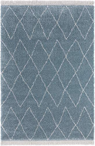 Teppich Jade Hochflor Wohnzimmer-Teppich Weich Flauschig Langflor Shaggy Flokati Skandi Muster mit Fransen für Kinderzimmer Schlafzimmer Küche Flur Blau Creme 120x170 cm