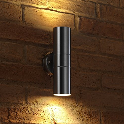Auraglow Up and Down Wall Lamp Stainless Steel, GU10 Bulbs, Warm White | IP44 outdoor tempered glass fitting, 2 x 7W LED included, twin beam glow for porch, garage and front door