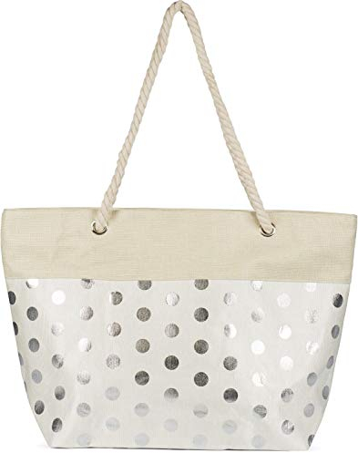 styleBREAKER Große Strandtasche mit Metallic Punkte Print | Damen Shopper mit Kordelhenkel und Reißverschluss | Badetasche im Boho Look | 56 x 38 x 17 cm, Farbe:Beige-Silber