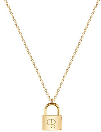 MYEARS Women Initial Lock Necklace Gold Padlock Double Script Double Side Engraved Pendant 14K Gold Filled Dainty Chain Simple Hypoallergenic Everyday Personalized Alphabet Jewelry Letter B