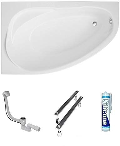 ECOLAM® Badewanne Wanne Eckwanne Eckbadewanne Acryl weiß Marea Polimat 150x100 cm LINKS Ablaufgarnitur Ab- und Überlauf Automatik Füße Silikon Komplett-Set
