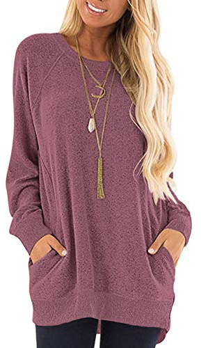 AUSELILY Långärmad damtröja, rund hals, t-shirt, blusar, tunika, tröja, tröja med fickor, Vinrot01, XXL