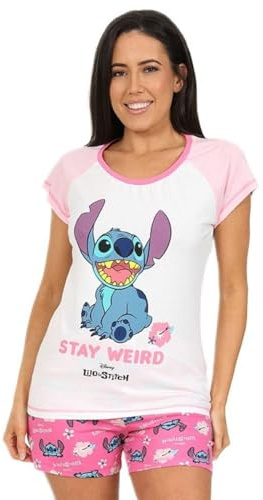 Disney Lilo and Stitch Stay Weird Damen Pyjama Lang Rosa Weiß Gr. 38/40 DE, rose