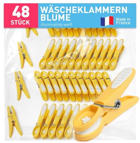 culiclean Pince a Linge Fleur – Pinces à Linge – Epingle a Linge – Fabriqué en France – 80mm x 15mm – Illuminating-Blanc – Lot de 48 Pièces