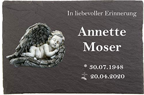 Pokal Center Westerheider Grabstein ruhender Engel, Urnengrabstein, Grabplatten mit Lasergravur, 30cm x 20cm 100% witterungsbeständig - Naturschieferstein