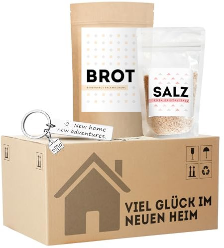 MeerBach & Rose Einweihungsgeschenk für Wohnung und Haus, originelles Brot und Salz Geschenk zum Einzug im mini Umzugskarton, tolles Einzugsgeschenk für Haus und Wohnung