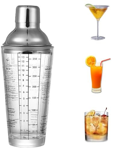 Shaker à Cocktail, Shaker à Cocktail en Acier Inoxydable, Shaker à Cocktail en Verre, Shaker à Cocktail avec Recette, avec Balance, 400 ml, Utilisé pour Vin, Jus de Fruits Mélangés, Boissons