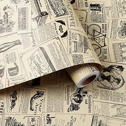 HelloWall 17.71x78.7 Vintage Wallpaper Peel and Stick Yellow Newspaper Wallpaper Self Adhesive Contact Paper Vintage Removable Wallpaper Roll for Renters Decorate Closet Locker Cabinets Drawer Liner
