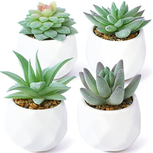 Mini Künstliche Sukkulenten Pflanzen, 4 Stück Kunstpflanzen außenbereich mit Topf klein, Künstliche Sukkulenten, Kunstpflanzen Klein Deko für Wohnzimmer Schlafzimmer Badezimmer Büro Deko, Grün