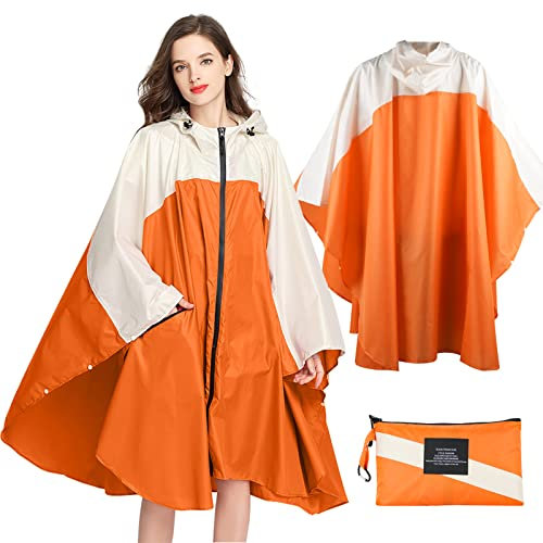 SOPPY Poncho de pluie léger et imperméable pour homme et femme, coupe-vent, réutilisable, Ripstop et respirant, avec capuche pour activités de plein air, séchage rapide, Orange/blanc, Large/X-Large