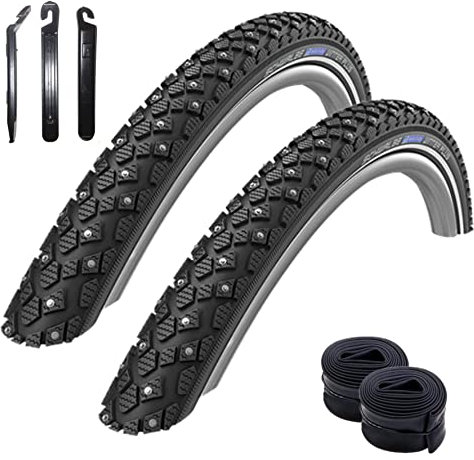 Angebot-Set / 2 x Schwalbe Marathon Winter Plus Fahrradreifen Drahtreifen mit Reflex in Schwarz 35-622 (28 x 1.35) + 2 Schwalbe Schläuche DV17 inkl. 3 Reifenheber