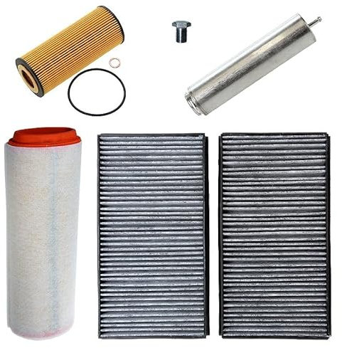 ATEC Germany Set di filtri con 1x filtro aria, 2x filtro aria abitacolo con carboni attivi, 1x filtro olio, 1x filtro carburante, 1x tappo di scarico olio, compatibile con BMW Serie 5 (E60) (E61)