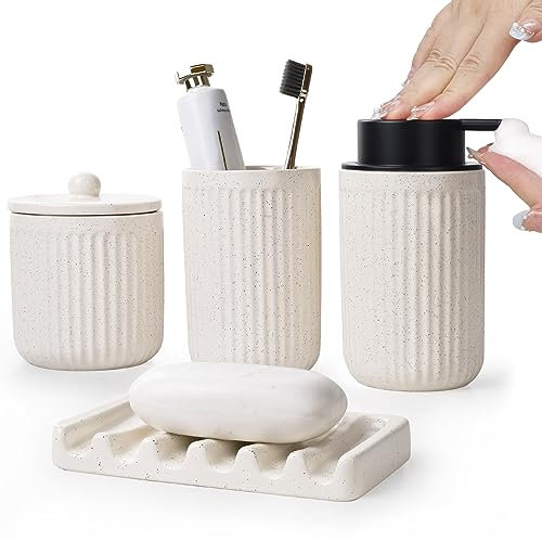 Badezimmer Set Beige UMLACA Bad Zubehör Keramik 4-Teiliges Enthält 350ml Schaumseifenspender,Zahnputzbecher,Seifenschale,Wattestäbchen Behälter,Edle Badezimmer Deko