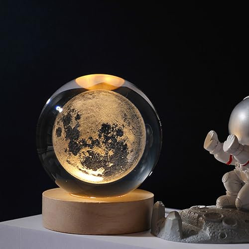 Undres Kristallkugel, Glaskugel Lampe, 3D Kristallkugel Nachtlicht, Massivholzsockel, Nicht Nur Eine Lichtquelle, Sondern Auch Ein Wunderschönes Kunstwerk, dø:6CM, USB-Schnittstelle. (Mond)
