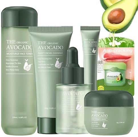 Rosarden Skincare Set für Teenager Mädchen und Frauen, Avocado Gesichtspflege Set, Hautpflege Set für Feuchtigkeitsspendend, Anti-Aging, mit Reinigung Toner Creme Augencreme Serum Lippenmaske