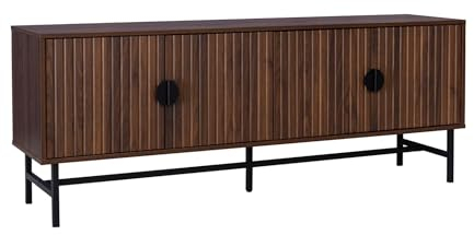 sweeek TV-Möbel, nussbaumfarbenes, geriffeltes Holzdekor, Vier Türen, Zwei Regale, L 160 x B 39 x H 60cm - Bazalt