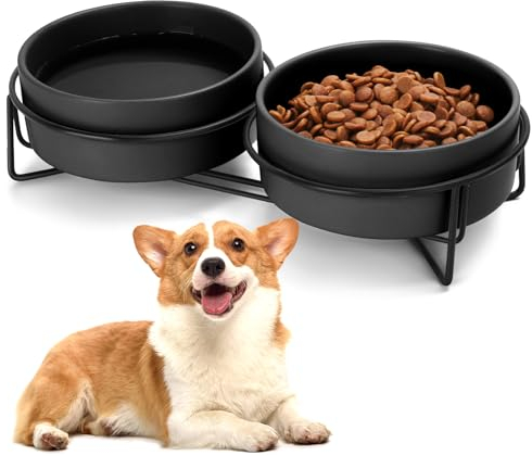 Ceramic Dog and Cat Bowl Set with Stand, 1.7 Cups Dog Food and Water Bowl Suitable for Small and Medium Pets (13.5oz Black)