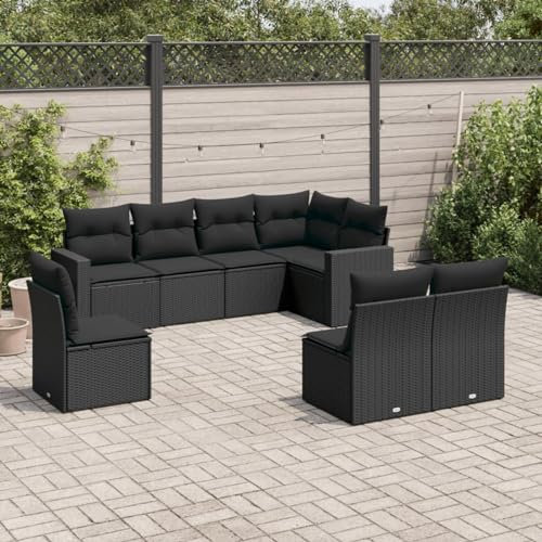 Rantry Gartensofa-Set mit Kissen, 8-teilig, schwarz, aus Polyrattan, Möbel-Set für Wohnzimmer, Sofa, Garten, modernes Sofaset für den Außenbereich, Möbel MSV