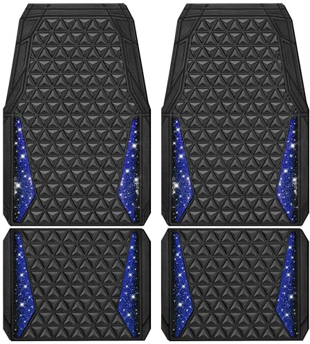 CAR PASS Bling Kristall Automatten, Diamant Gummi Fußmatten Komplettes Set | 3D-Rautenmuster, rutschfest, wasserdicht, für Frauen und Männer, universal, Glitzer, glänzend, Strass (Blau Diamond)