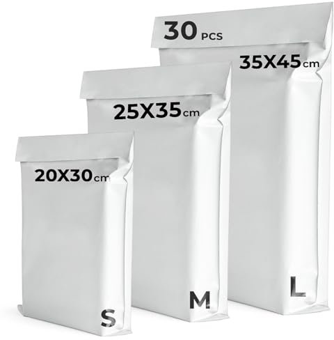 UGIX - Sobres de plástico de envío, 30 unidades, 3 tamaños diferentes, bolsas de envío, autoadhesivas, resistentes, opacas, ideales para embalaje, paquete vinted, ropa, zapatos, libros