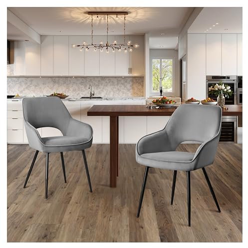 STOOLINK 2er Set Esszimmerstühle Modern, Stühle Esszimmer aus Samtstoff, Küchenstühle mit Armlehnen, Gepolsterter Polsterstühle mit Ausgeschnittener Rückenlehne für Esszimmer, Wohnzimmerstühle - Grau