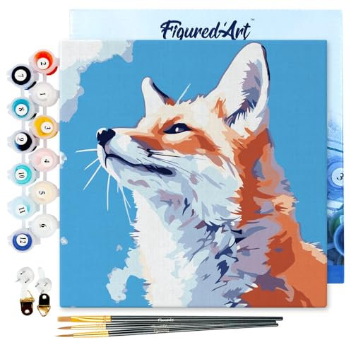 Figured'Art Mini Peinture par Numéro Adulte 20x20cm avec cadre Renard et ciel bleu - Petit Format Kit de Loisir Créatif DIY Numéro d'Art Complet