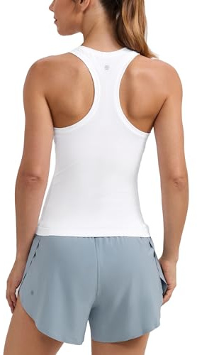 CRZ YOGA Seamless Workout Tank Tops for Women - Athletic Running Gym Sleeveless Shirts Crewneck Racerback Breathable White Medium