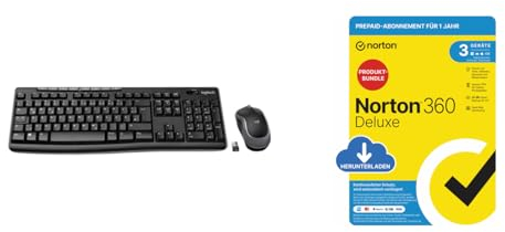 Logitech MK270 Kabelloses Tastatur und Maus Set - Schwarz + Norton 360 Deluxe 2024, Antivirensoftware für 3 Geräte