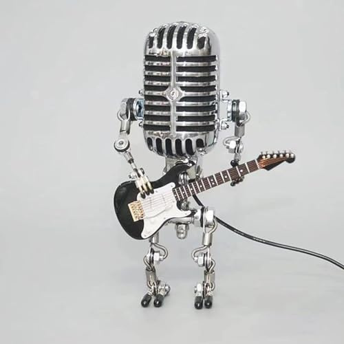 Bpetga Handcrafted Metal Microphone Guitar Robot Ornament with LED Lighting for Music Enthusiasts (black)