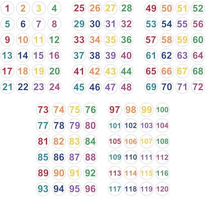 120 Etiketten - rund - ⌀ 40mm - fortlaufend nummeriert von 1 bis 120 - permanent klebend - nachhaltig - bunt - Nummern Zahlen Aufkleber (bunt, ⌀ 40mm)